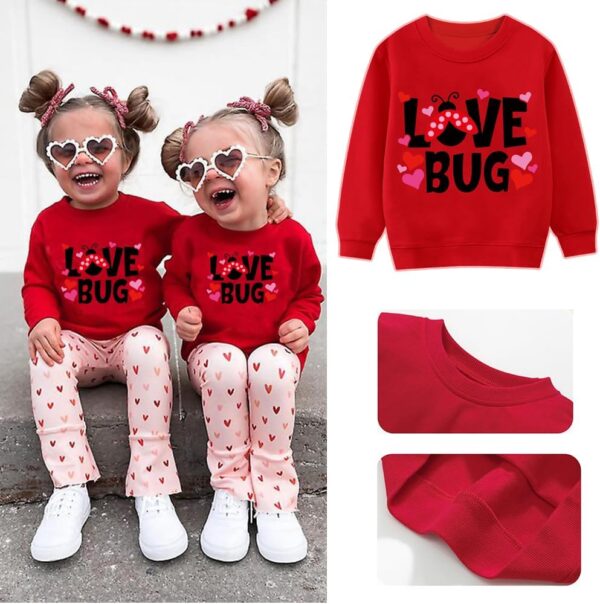 Tkria Toddler Girls Sweatshirt Lovebug Valentine's Day Shirt Kids Heart Print Clothes Long Sleeve Pullover VdayTops 2-7T