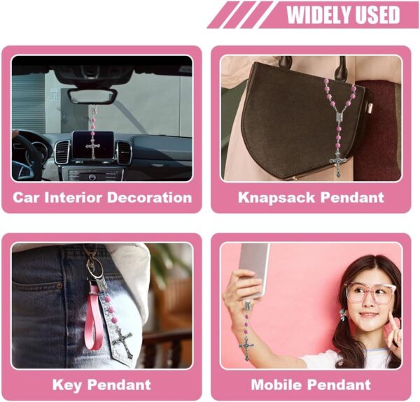 2PCS Car Rosary for Rearview Mirror, Pink Rosary Pendant Car Interior Rear View Mirror Charm Auto Decors, Car Medal and Cross Personalized Hanging Accessories for Women Men (Rose)