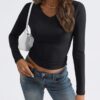 Trendy Queen Long Sleeve Shirts for Women 2024 Fall Fashion V Neck Basics Crop Tops Layering Slim Fitted Y2K Tops