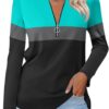 Women's Long Sleeve Shirts Zipper Color Block V Neck Tunic Tops Casual Blouse