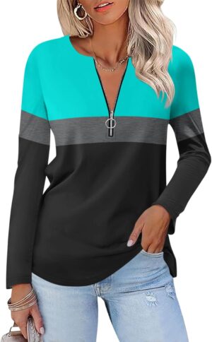 Women's Long Sleeve Shirts Zipper Color Block V Neck Tunic Tops Casual Blouse