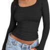 Trendy Queen Womens Long Sleeve Shirts Crop Tops Square Neck Going Out Basics Tees Y2K Winter Clothes 2025