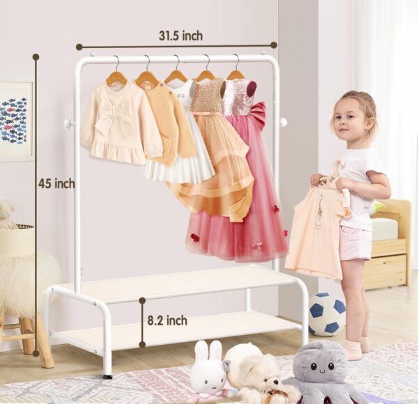 Kids Clothing Rack - Kids Dress Up Clothes Storage Racks - Baby Toddler Closet - Freestanding Coat Rack with 2 Fabric Shelves - Small Kids Costume Wardrobe - Garment Rack for Hanging Clothes Organizer