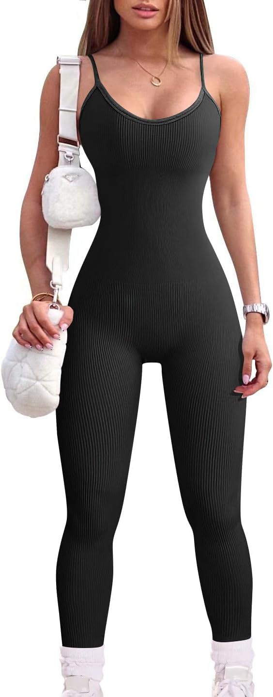 Women Workout Seamless Jumpsuit Yoga Ribbed Bodycon One Piece Spaghetti Strap Leggings Romper