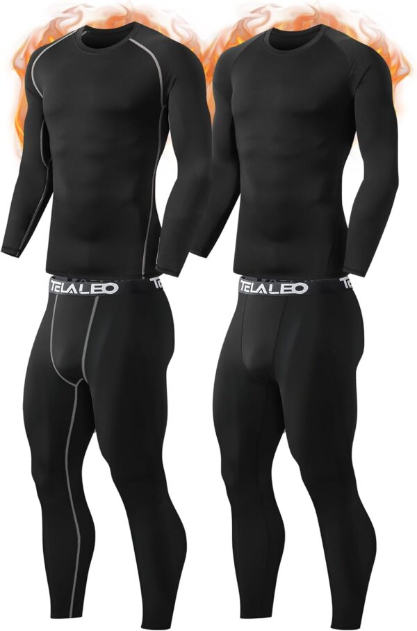 TELALEO 2 Set Mens Thermal Underwear Fleece Lined Long Johns 4 Pcs Base Layer Shirts Pant for Cold Winter Weather