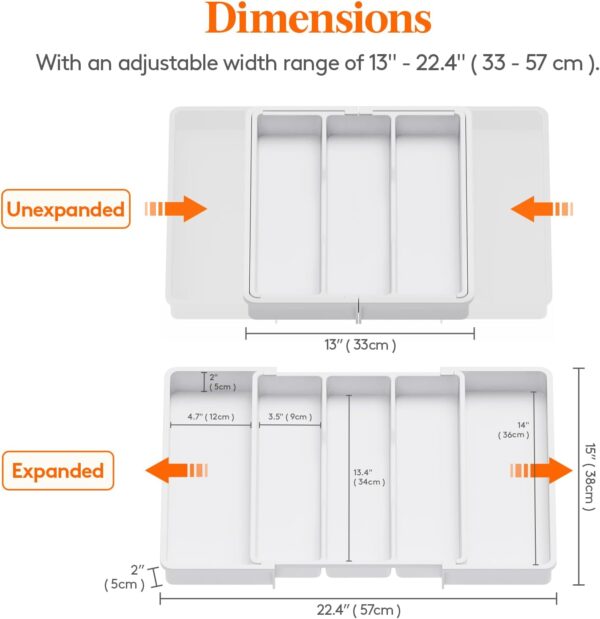 Lifewit Utensil Organizer for Kitchen Drawers, Expandable Cooking Utensil Tray, Adjustable Cutlery Silverware Flatware Holder, Plastic Kitchen Spatula Tools and Gadgets Storage Divider, 2 Pack, White