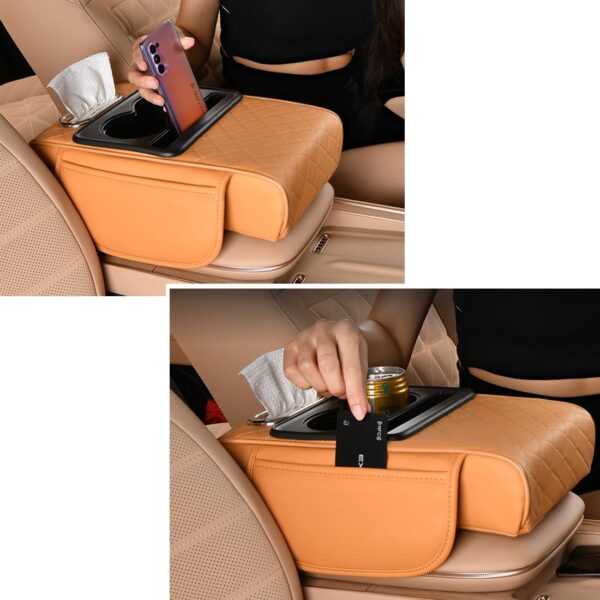 Car Armrest Cushion,5-in-1 Center Console Cover with 2 Storage Bags Cup Holder, Tissue Box Slot, Phone Slot for Car Sedans, Car Accessories Interior Organizers