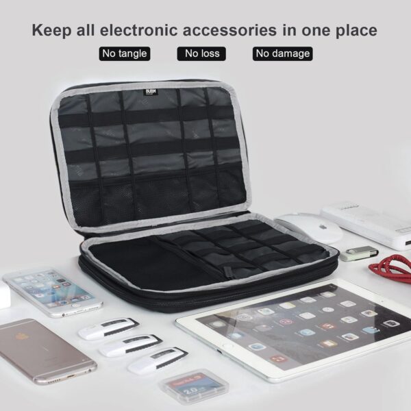 BUBM Double Layer Electronics Organizer/Travel Gadget Bag For Cables,Memory Cards,Flash Hard Drive and More,Fit For iPad Or Tablet(Up To 9.7")--Large, Black