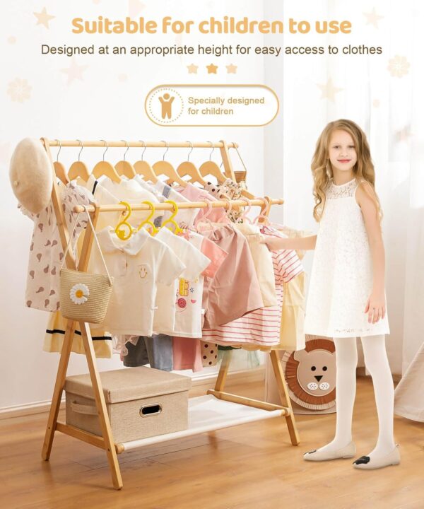 Kids Clothing Rack with 2 Hanging Rods and 4 Hooks, Kid Dress Up Holder with Bottom Storage Shelf, Child Garment Stand, Small and Foldable, Bamboo (Natural)