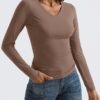 Trendy Queen Long Sleeve Shirts for Women 2024 Fall Fashion V Neck Basics Crop Tops Layering Slim Fitted Y2K Tops