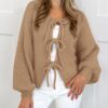 PRETTYGARDEN Women's Tie Front Bow Cardigan Sweaters Chunky Knit Long Puff Sleeve Trendy Fall Winter Jacket Coats