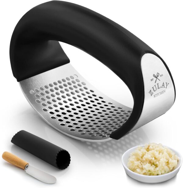 Zulay Stainless Steel Garlic Press Rocker Set - Premium Garlic Mincer Garlic Crusher - New Innovative Garlic Crusher with Peeler and Scraper - Comfortable Grip (Black)