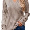 Dokotoo Womens Soft Long Sleeve V Neck Shirts Solid Casual Decorative Buttons Knitted Pullover Tunic Tops