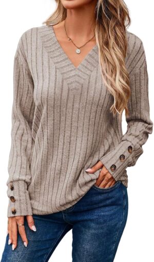 Dokotoo Womens Soft Long Sleeve V Neck Shirts Solid Casual Decorative Buttons Knitted Pullover Tunic Tops