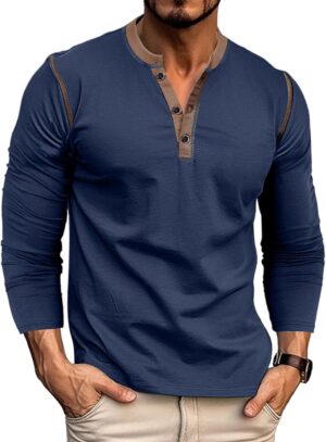 Men's Henley Long Sleeve Shirts Casual Button T-Shirt Classic Basic Lightweight Pullover Cotton Tees Fashion Tops