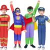 Boys Muscle Chest Dress up Costumes Trunk with Superhero, Policeman, Fireman Costume, Kids Pretend Role Play Costumes Set, Boys Dress up Clothes for Kids Ages 3 4 5 6 7