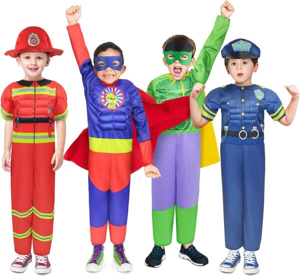 Boys Muscle Chest Dress up Costumes Trunk with Superhero, Policeman, Fireman Costume, Kids Pretend Role Play Costumes Set, Boys Dress up Clothes for Kids Ages 3 4 5 6 7