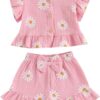 BemeyourBBs Summer Toddler Girl Clothes Baby Girl Ruffle Sleeveless Shirt with Buttons Bow Bloomers Shorts Set Cute Outfits