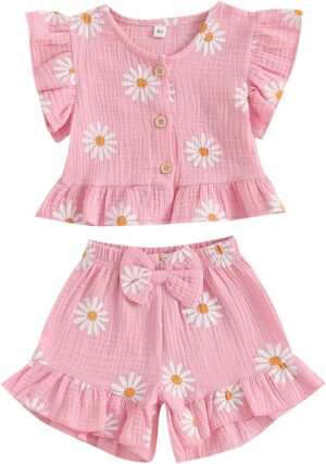 BemeyourBBs Summer Toddler Girl Clothes Baby Girl Ruffle Sleeveless Shirt with Buttons Bow Bloomers Shorts Set Cute Outfits