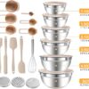 Mixing Bowls with Airtight Lids Set, 20 PCS Kitchen Gadgets Set, 6 Stainless Steel Bowls, 3 Grater Attachments, Non-Slip Silicone Bottoms, Great for Serving&Baking, Size 5, 4, 3.5, 2.1, 1.5, 1.1QT