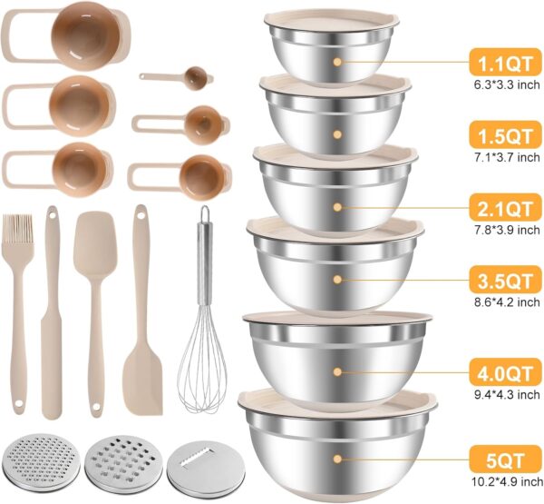 Mixing Bowls with Airtight Lids Set, 20 PCS Kitchen Gadgets Set, 6 Stainless Steel Bowls, 3 Grater Attachments, Non-Slip Silicone Bottoms, Great for Serving&Baking, Size 5, 4, 3.5, 2.1, 1.5, 1.1QT