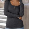 Kissfix Womens Long Sleeve Shirts Going Out Fall Clothes Casual Henley Tops Ribbed Knit Blouses Fashion Trendy Outfits