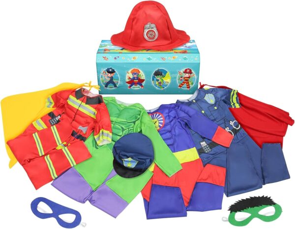 Boys Muscle Chest Dress up Costumes Trunk with Superhero, Policeman, Fireman Costume, Kids Pretend Role Play Costumes Set, Boys Dress up Clothes for Kids Ages 3 4 5 6 7