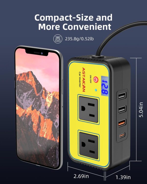 200W Car Power Inverter, DC 12V to 110V AC 6 in 1 Car Charger Adapter with 20W USB-C [PD] & 18W USB-A [QC], Dual USB/AC Outlet, Car Plug Adapter Outlet for Laptop, Road Trip Essential, Yellow