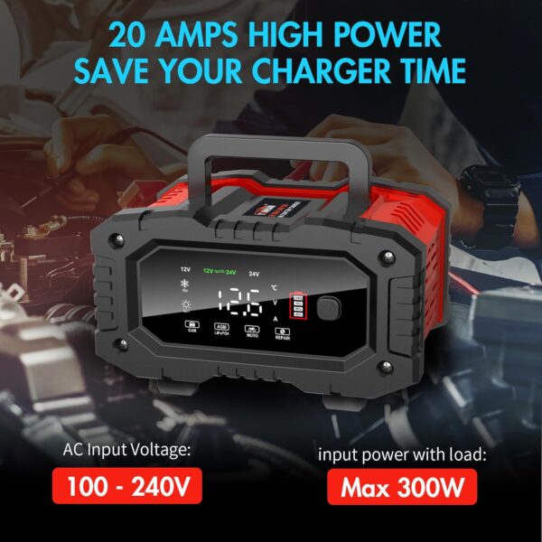 YONHAN Battery Charger 0-20A 12V/24V LiFePO4 Lead Acid Fully Automatic Battery Maintainer, Car Battery Trickle Charger Automotive w/Battery Repair, Winter Mode, for AGM, STD, Gel, Deep Cycle Batteries