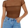 REORIA Women's Sexy Mock Turtle Neck Short Sleeve Shirts Sheer Mesh Ruched Trendy Going Out Bodysuits Tops