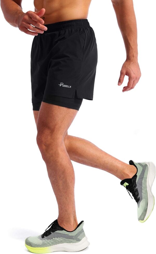 Pudolla Men’s 2 in 1 Running Shorts 5" Quick Dry Gym Athletic Workout Shorts for Men with Phone Pockets