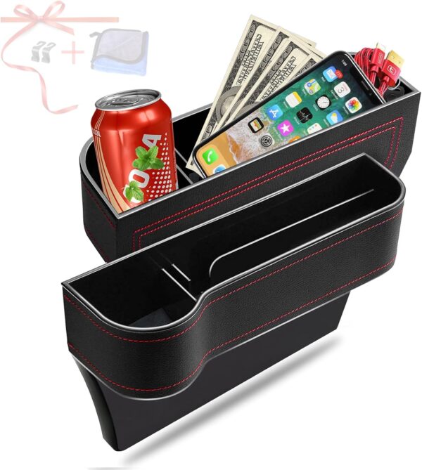 Car Seat Gap Filler Organizer, 2 Pack Multifunctional Car Seat Organizer, Auto Console Side Storage Box with Cup Holders 2 Seat Hooks for Drink, Car Organizer Front Seat for Holding Phone, Sunglasses