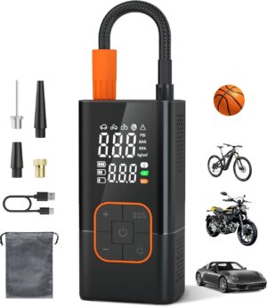 Tire Inflator Portable Air Compressor-150PSI Bike Pump, 20000mAh Air Pump Cordless with Tire Pressure Gauge LED Lights, Portable Tire Inflator for Car, Bike, Motorcycle, Ball