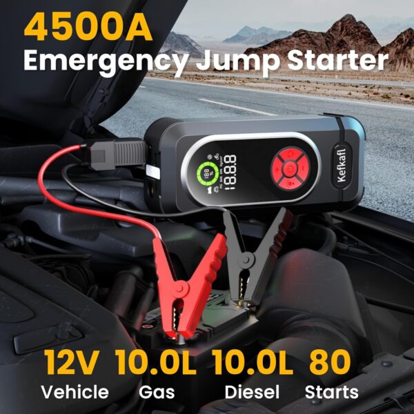 Portable Car Jump Starter with Air Compressor, Kefkafl 4500A 150PSI Car Battery Jump Starter Battery Pack (10.0L Gas/10.0L Diesel), 12V Jump Box with Tire Inflator, FlashLight, Display, Power Bank ﻿ ﻿