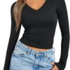 Trendy Queen Long Sleeve Shirts for Women 2024 Fall Fashion V Neck Basics Crop Tops Layering Slim Fitted Y2K Tops