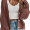 PRETTYGARDEN Women's Chunky Knit Open Front Sweater Long Sleeve Button Loose Short Cardigan Outerwear Coats