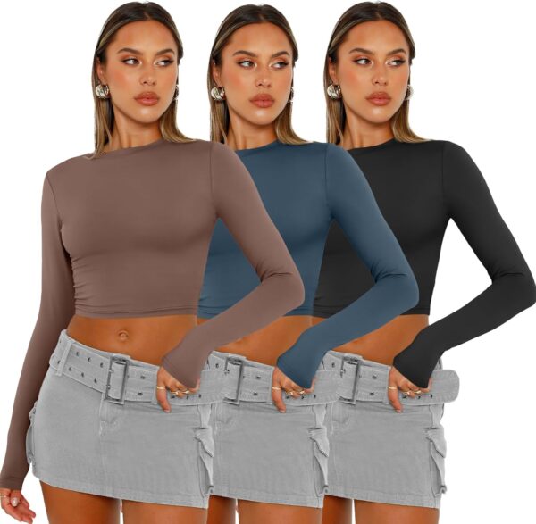 AUTOMET 3 Pack Womens Long Sleeve Shirts Y2K Going Out Crop Tops Cute Basic Slim Fitted Fall Fashion Outfits 2025 Clothes