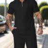 UOUA Mens Track Suits 2 Piece Sets Short Sleeve Sweatsuit Outfits 1/4 Zip Golf Polo Shirts Summer Shorts Loungewear