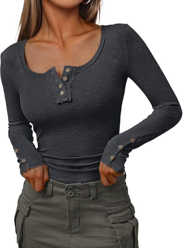 Kissfix Womens Long Sleeve Shirts Going Out Fall Clothes Casual Henley Tops Ribbed Knit Blouses Fashion Trendy Outfits