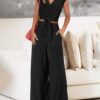 PRETTYGARDEN Women's Summer 2 Piece Outfits 2025 Cap Sleeve V Neck Belted Crop Tops Wide Leg Pant Sets Casual Tracksuit