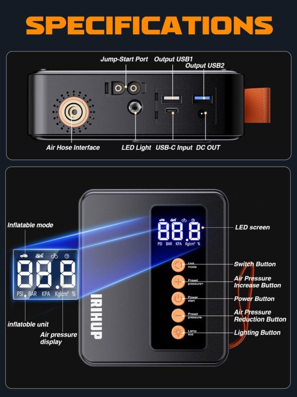 Portable Car Jump Starter with Air Compressor - 4000A Car Battery Jump Starter (10 Gas/9L Diesel), 12V Car Jumper Starter Portable, Jump Box with Smart Jumper Cables, 150 PSI Tire Inflator