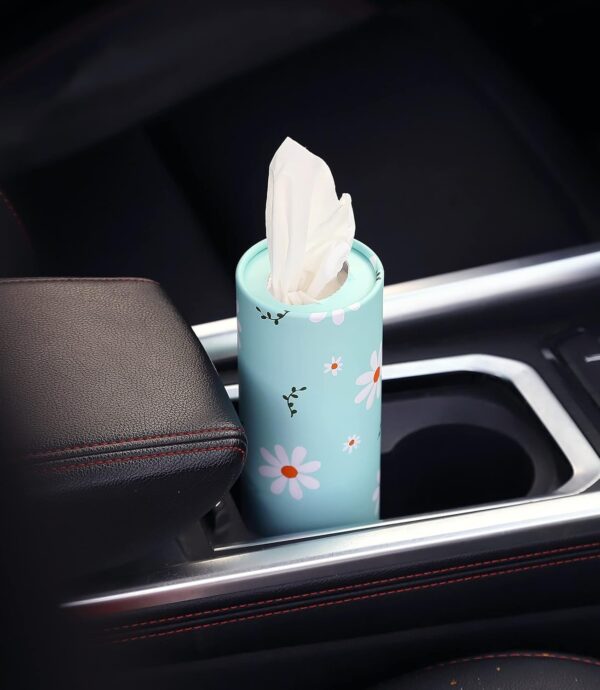 Car Tissue Holder with Facial Tissues Bulk - 4 PK Car Tissues Cylinder, Tissue Holder for Car, Travel Tissues for Car Cup Holder, Refill Car Tissue Box Round Container