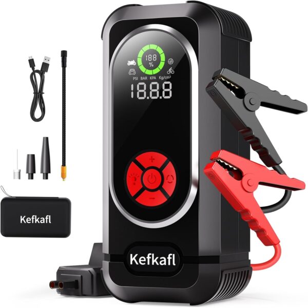 Portable Car Jump Starter with Air Compressor, Kefkafl 4500A 150PSI Car Battery Jump Starter Battery Pack (10.0L Gas/10.0L Diesel), 12V Jump Box with Tire Inflator, FlashLight, Display, Power Bank ﻿ ﻿