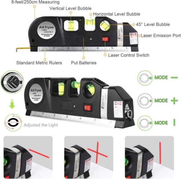 Laser Level Line Tool, Multipurpose Laser Level Kit Standard Cross Line Laser leveler Beam Tool with Metric Rulers 8ft/2.5M for Picture Hanging cabinets Tile Walls by AikTryee.