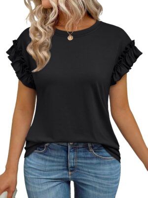 AUTOMET Womens Tshirts Short Sleeve Casual Summer Tops 2025 Ruffle Crewneck Trendy Fashion Dressy Cute Work Outfits