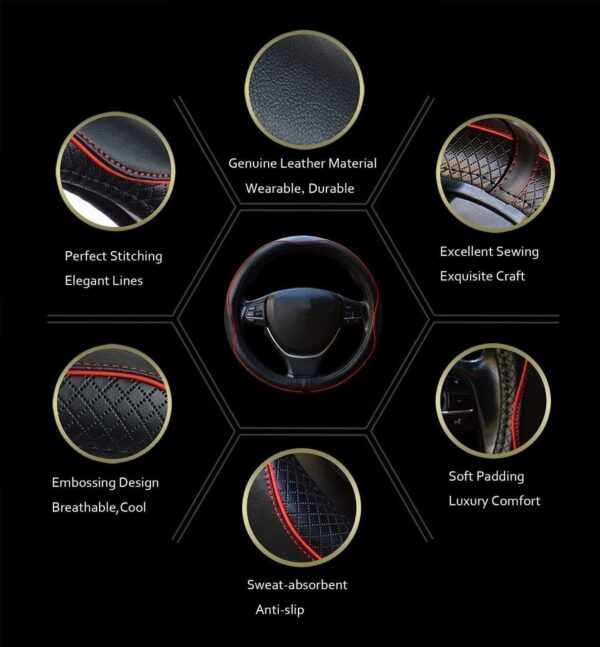 Car Steering Wheel Cover, Anti-Slip, Safety, Soft, Breathable, Heavy Duty, Thick, Full Surround, Sports Style (Black with Red line)