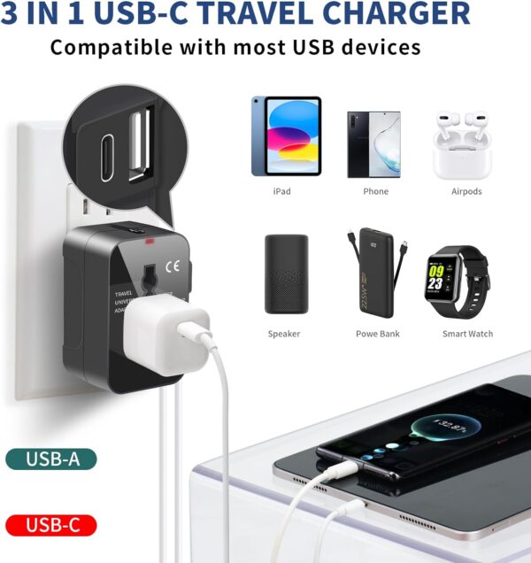 Travel Adapter with USB C, Universal All in One Worldwide Travel Adapter Power Converters Wall Charger AC Power Plug Adapter USB Type C Charging Ports for USA EU UK AUS Black