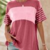 Dokotoo Short Sleeve Summer Tops Oversized 2025 Trendy Crew Neck Casual Color Block Womens Shirts Blouses