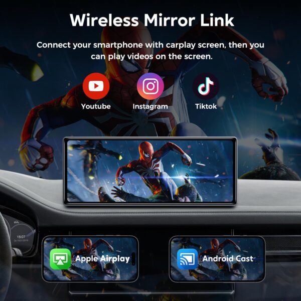 10.26" Wireless Apple Carplay Screen for Car, Secure Strong Bracket, Portable Apple CarPlay& Android Auto Car Stereo with GPS Navigation, Bluetooth, Mirror Link, Voice Control,Fits All Vehicles