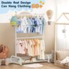 Double Rod Kids Clothing Rack for Hanging Clothes, Small Dress up Storage with Bottom Shelf, Metal Garment Rack for Shirts, Dance Costumes, and Baby Clothes (White)